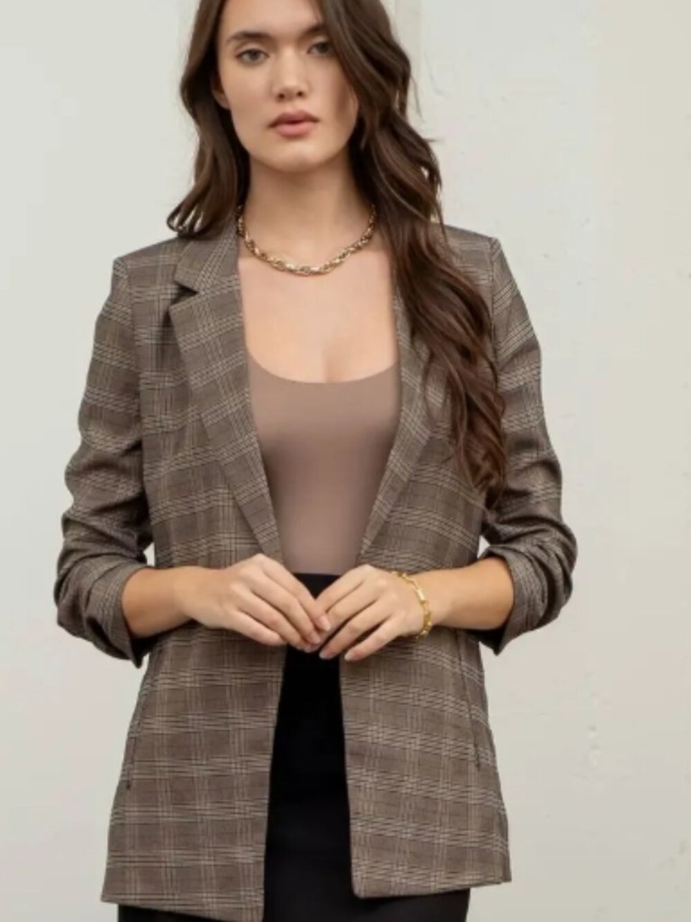 BESTSELLER Plaid Rouched Sleeve Blazer